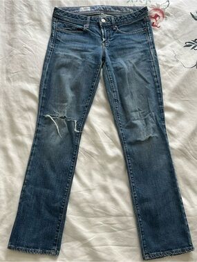 Gap 1969 real straight low rise ripped/distressed dark wash blue boyfriend jeans